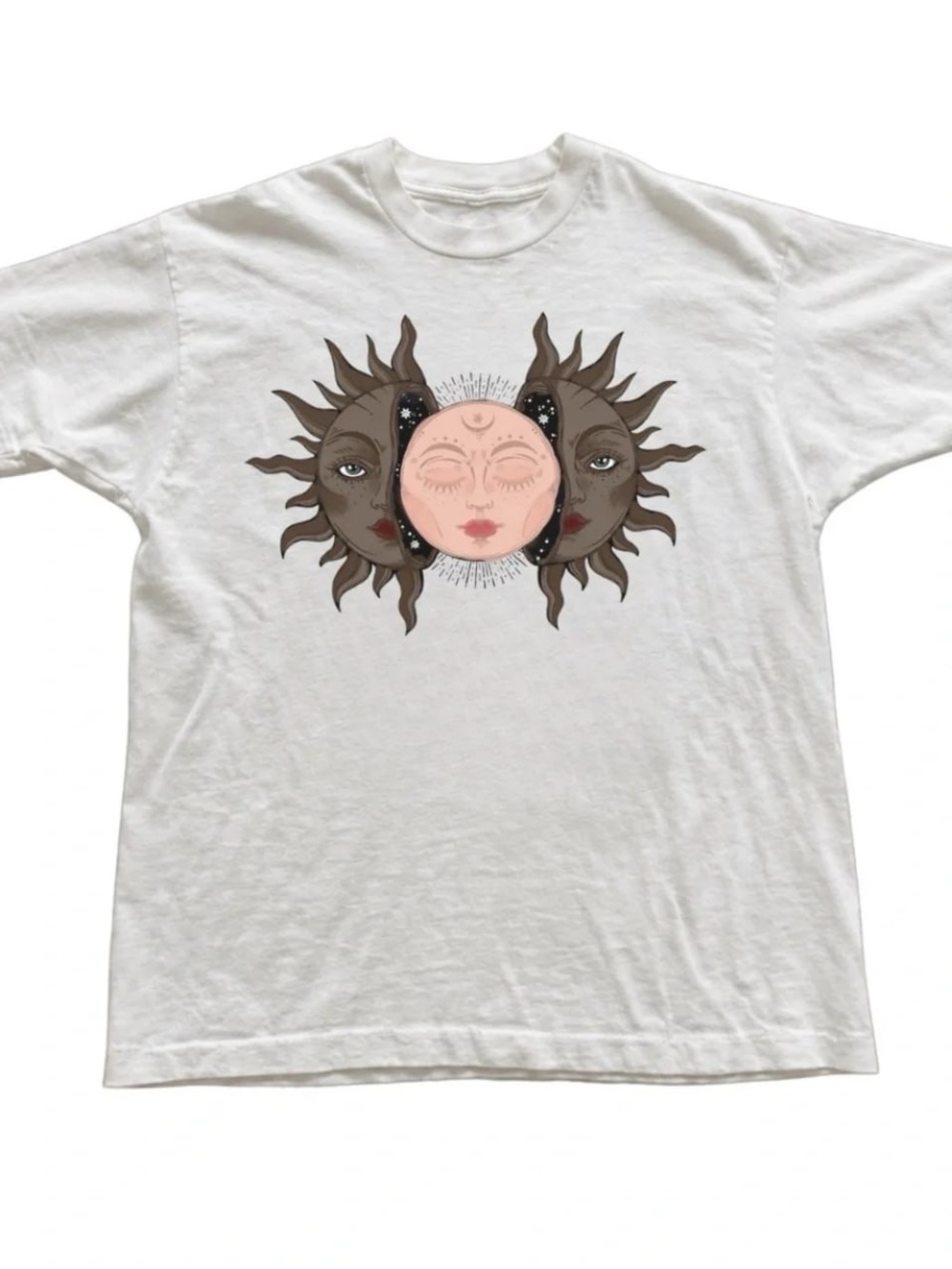 White Tee with Sun & Moon Face Graphic